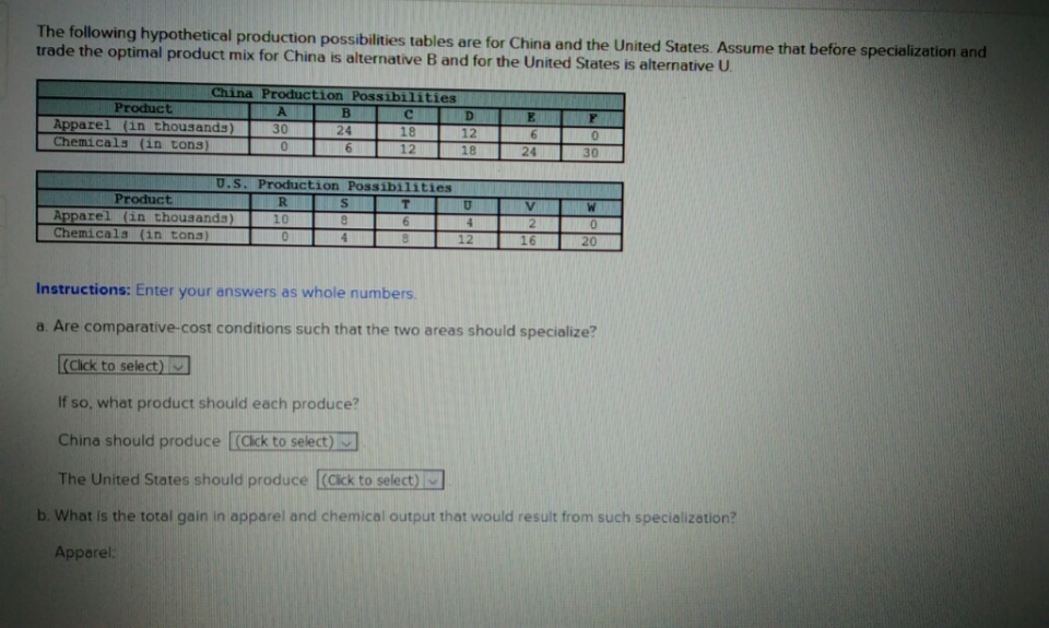 The following hypothetical production possibilities tables are for China and the United States. Assume that before specialization and
trade the optimal product mix for China is alternative B and for the United States is alternative U.
China Production Possibilities
Product
Apparel (in thousands)
Chemicals (in tons
B
30
18
12
24
12
18
24
30
U.S. Production Possibilities
Product
R
T.
Apparel (in thousands)
Chemicals (in tona)
10
4.
12
16
20
Instructions: Enter your answers as whole numbers.
a. Are comparative-cost conditions such that the two areas should specialize?
(Click to select)
U
If so, what product should each produce?
China should produce (Cick to select)
The United States should produce
(Cick to select)
b. What is the total gain in apparel and chemical output that would result from such specialization?
Apperel:
