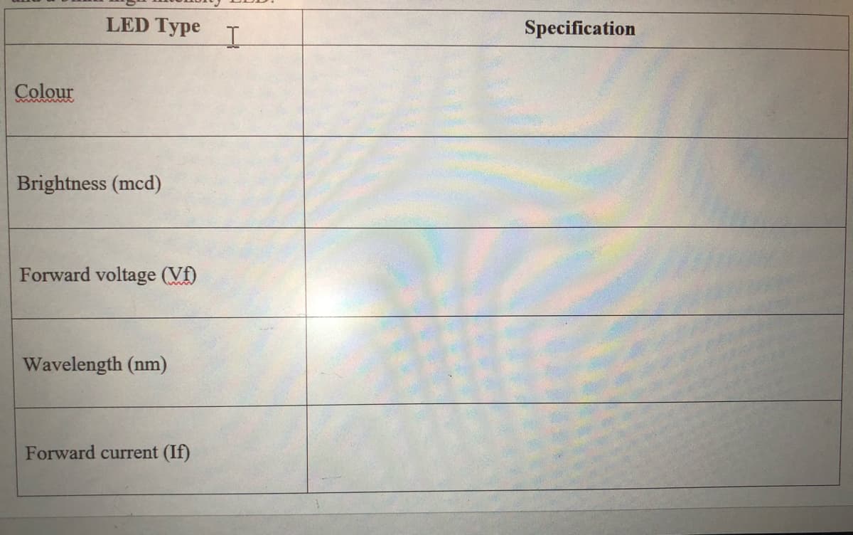 LED Type
Specification
Colour
Brightness (mcd)
Forward voltage (Vf)
Wavelength (nm)
Forward current (If)
