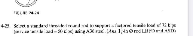 FIGURE P4-24
4-25. Select a standard threaded round rod to support a factored tensile load of 72 kips
(service tensile load = 50 kips) using A36 steel. (Ans. 1-in Ø rod LRFD and ASD)