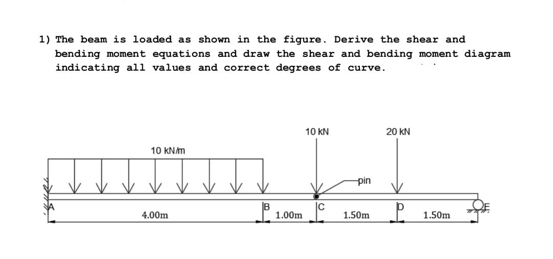 1) The beam is loaded as shown in the figure. Derive the shear and
bending moment equations and draw the shear and bending moment diagram
indicating all values and correct degrees of curve.
10 kN
20 kN
10 kN/m
pin
B
1.00m
C
D
4.00m
1.50m
1.50m
