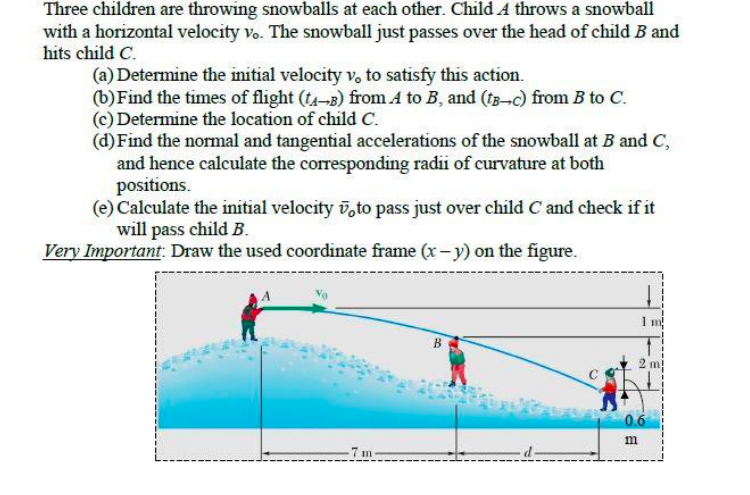 Three children are throwing snowballs at each other. Child A throws a snowball
with a horizontal velocity vo. The snowball just passes over the head of child B and
hits child C.
(a) Determine the initial velocity v, to satisfy this action.
(b) Find the times of flight (t4-B) from A to B, and (t3-c) from B to C.
(c) Determine the location of child C.
(d) Find the normal and tangential accelerations of the snowball at B and C,
and hence calculate the corresponding radii of curvature at both
positions.
(e) Calculate the initial velocity voto pass just over child C and check if it
will pass child B.
Very Important. Draw the used coordinate frame (x- y) on the figure.
B
2 m
0.6
m
