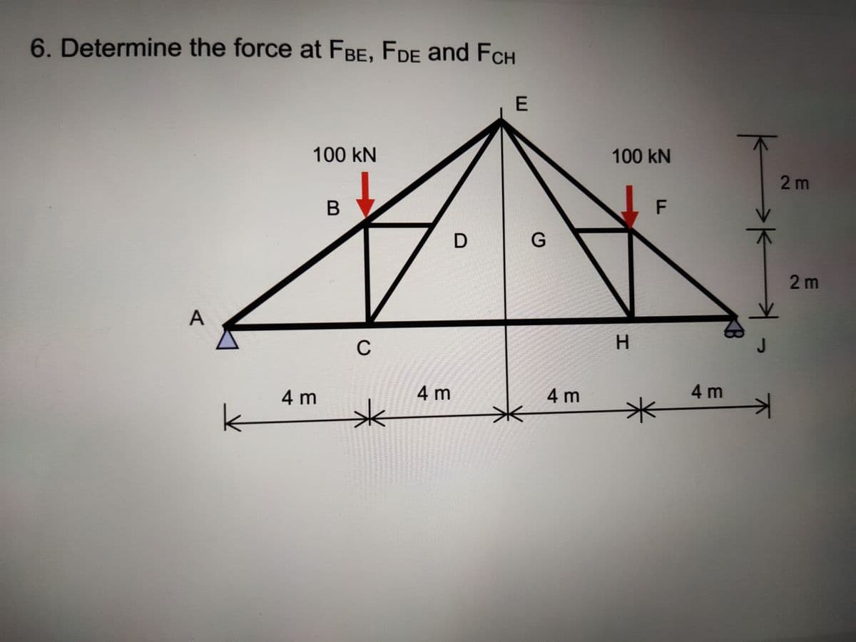 6. Determine the force at FBE, FDE and FCH
100KN
100 kN
2m
2 m
A
C
H.
4 m
4 m
4 m
4 m
B
