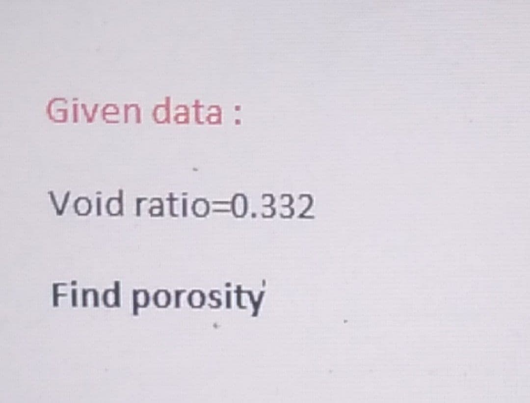 Given data :
Void ratio=0.332
Find porosity
