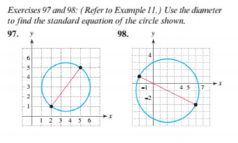 Exercises 97 and 98: (Refer to Example 11.) Use the diameter
to find the standard equation of the circle shown.
97. Y
98.
! 2 3 456
