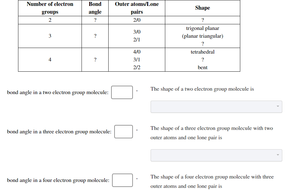 Number of electron
Bond
Outer atoms/Lone
Shape
angle
pairs
groups
2
2/0
trigonal planar
3/0
3
(planar triangular)
2/1
4/0
tetrahedral
4
3/1
2/2
bent
The shape of a two electron group molecule is
bond angle in a two electron group molecule:
The shape of a three electron group molecule with two
bond angle in a three electron group molecule:
outer atoms and one lone pair is
The shape of a four electron group molecule with three
bond angle in a four electron group molecule:
outer atoms and one lone pair is
