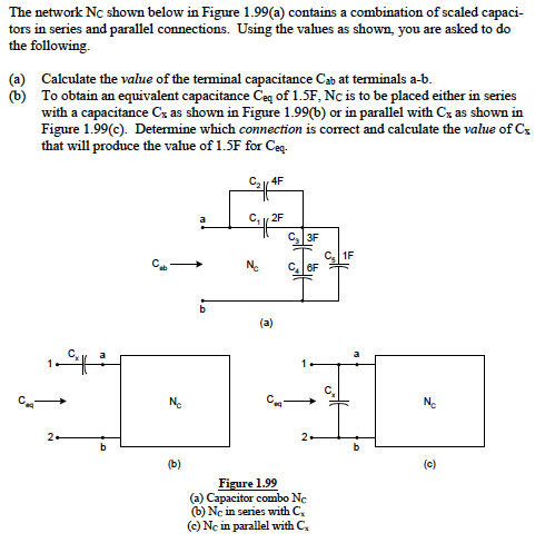 The network Nc shown below in Figure 1.99(a) contains a combination of scaled capaci-
tors in series and parallel connections. Using the vahues as shown, you are asked to do
the following.
(a) Calculate the value of the terminal capacitance Cab at terminals a-b.
(b) To obtain an equivalent capacitance Ceq of 1.5F, Nc is to be placed either in series
with a capacitance Cz as shown in Figure 1.99(b) or in parallel with Cx as shown in
Figure 1.99(c). Determine which connection is correct and calculate the value of C;
that will produce the value of 1.5F for Ceg-
4F
2F
3F
1F
C OF
(a)
N.
N.
2.
(b)
(c)
Figure 1.99
(a) Capacitor combo Nc
(b) Nc in series with C,
(c) Ne in parallel with C,
