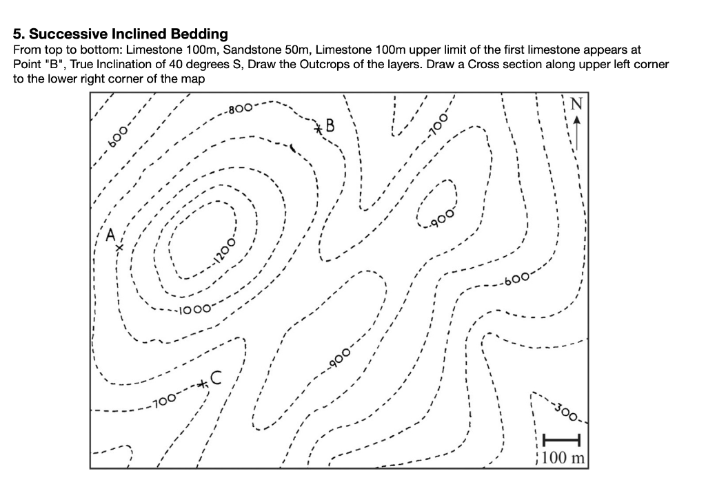 5. Successive Inclined Bedding
From top to bottom: Limestone 100m, Sandstone 50m, Limestone 100m upper limit of the first limestone appears at
Point "B", True Inclination of 40 degrees S, Draw the Outcrops of the layers. Draw a Cross section along upper left corner
to the lower right corner of the map
1000
800
B
100 m