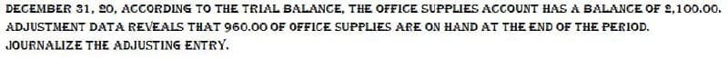 DECEMBER 31, 20, ACCORDING TO THE TRIAL BALANCE, THE OFFICE SUPPLIES ACCOUNT HAS A BALANCE OF 2,100.00.
ADJUSTMENT DATA REVEALS THAT 960.00 OF OFFICE SUPPLIES ARE ON HAND AT THE END OF THE PERIOD.
JOURNALIZE THE ADJUSTING ENTRY.