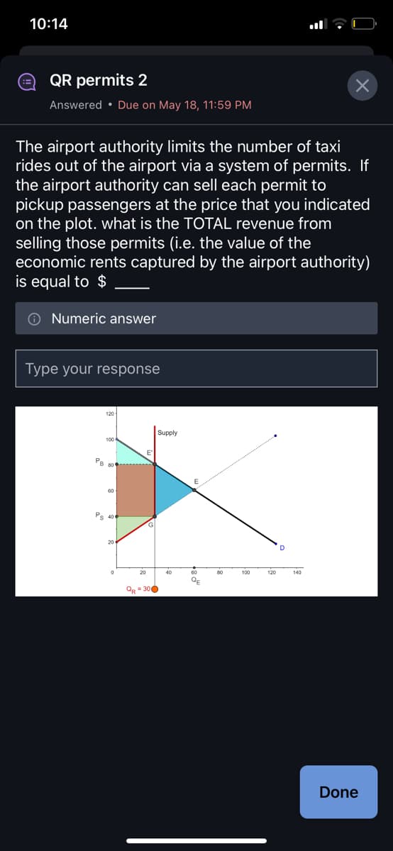 10:14
QR permits 2
Answered Due on May 18, 11:59 PM
The airport authority limits the number of taxi
rides out of the airport via a system of permits. If
the airport authority can sell each permit to
pickup passengers at the price that you indicated
on the plot. what is the TOTAL revenue from
selling those permits (i.e. the value of the
economic rents captured by the airport authority)
is equal to $
Numeric answer
Type your response
120
100
PB 80
60
Ps 404
20
0
20
E'
G
Supply
QR=300
40
60
QE
80
100
120
D
×
140
Done