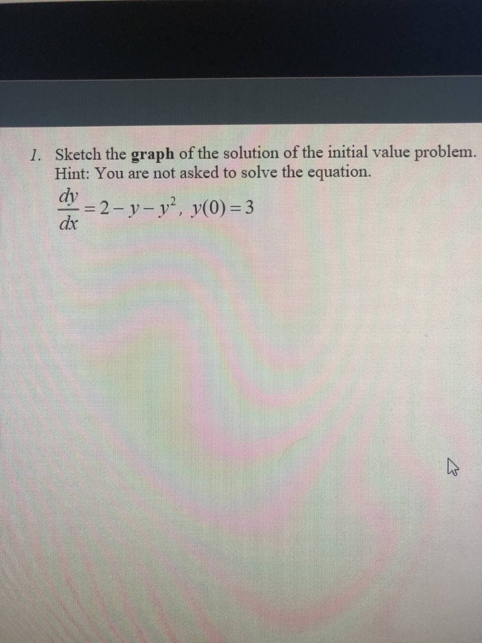 1. Sketch the graph of the solution of the initial value problem.
Hint: You are not asked to solve the equation.
dy
- = 2- y-v, v(0)= 3
dx
