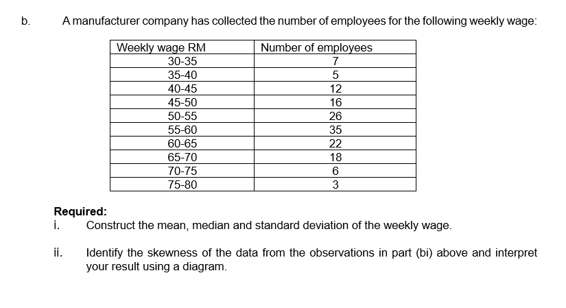 b.
A manufacturer company has collected the number of employees for the following weekly wage:
Weekly wage RM
Number of employees
30-35
7
35-40
40-45
12
45-50
16
50-55
55-60
26
35
60-65
22
65-70
18
70-75
6.
75-80
3
Required:
i.
Construct the mean, median and standard deviation of the weekly wage.
ii.
Identify the skewness of the data from the observations in part (bi) above and interpret
your result using a diagram.
