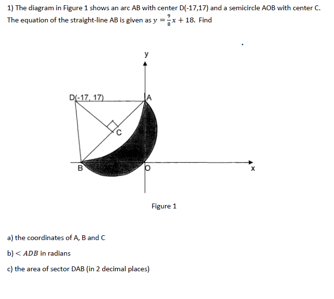 1) The diagram in Figure 1 shows an arc AB with center D(-17,17) and a semicircle AOB with center C.
The equation of the straight-line AB is given as y =x+ 18. Find
y
D(-17, 17)
A
B
Figure 1
a) the coordinates of A, B and C
b) < ADB in radians
c) the area of sector DAB (in 2 decimal places)
