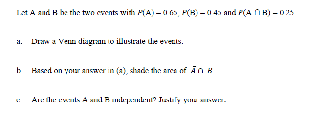 Let A and B be the two events with P(A) = 0.65, P(B) = 0.45 and P(A N B) = 0.25.
Draw a Venn diagram to illustrate the events.
a.
b. Based on your answer in (a), shade the area of Ān B.
Are the events A and B independent? Justify your answer.
с.
