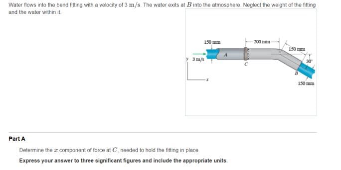 Water flows into the bend fitting with a velocity of 3 m/s. The water exits at B into the atmosphere. Neglect the weight of the fitting
and the water within it
150 mm
200 mm
150 mm
3 m/a
150 mm
Part A
Determine the z component of force at C, needed to hold the fitting in place.
Express your answer to three significant figures and include the appropriate units.
