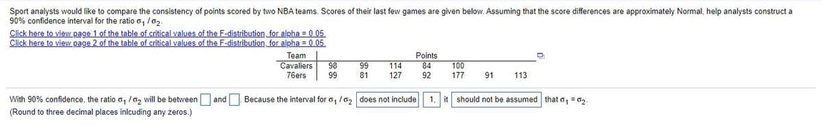 Sport analysts would like to compare the consistency of points scored by two NBA teams. Scores of their last few games are given below. Assuming that the score differences are approximately Normal, help analysts construct a
90% confidence interval for the ratio o, /0,.
Click here to view page 1 of the table of critical values of the F-distribution, for alpha = 0.05.
Click here to view page 2 of the table of critical values of the F-distribution, for alpha = 0.05.
Team
Points
Cavaliers
98
99
114
84
100
76ers
99
81
127
92
177
91
113
With 90% confidence, the ratio o, /0, will be between and
(Round to three decimal places inlcuding any zeros.)
Because the interval for o, /0, does not include
1. it should not be assumed that o, = 02-
