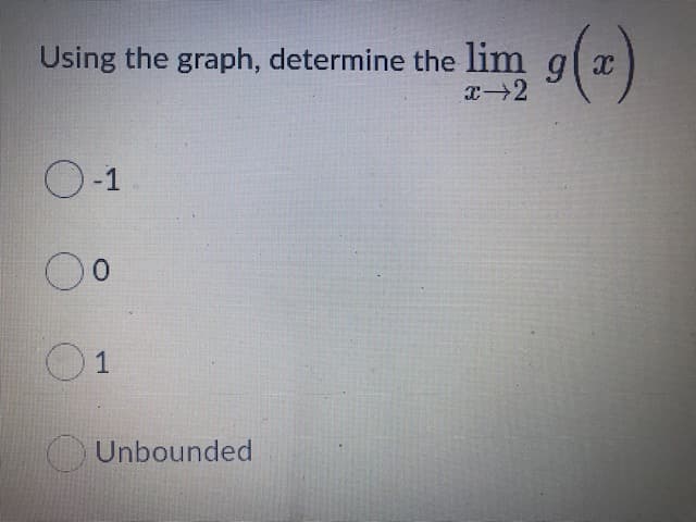 Using the graph, determine the lim g(x)
O-1
1
Unbounded
