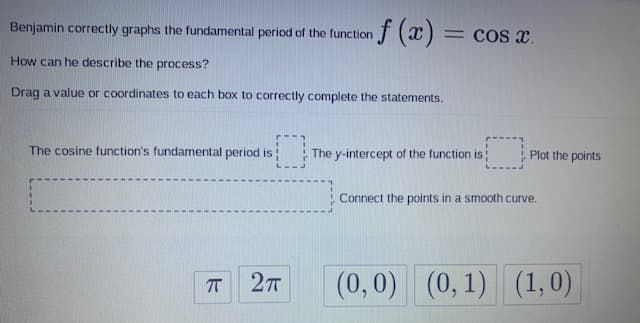 f (x)
Benjamin correctly graphs the fundamental period of the function
= Cos x.
How can he describe the process?
Drag a value or coordinates to each box to correctly complete the statements.
The cosine function's fundamental period is
The y-intercept of the function is
Plot the points
Connect the points in a smooth curve.
27T
(0,0) (0, 1)
(1,0)
T
