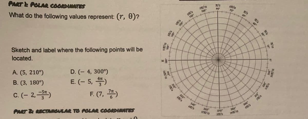 T/2
5T/12
PART : POLAR COORDINATES
TTU12
105
90
75
T/3
27/3
120
60
What do the following values represent: (r, 0)?
45
Sketch and label where the following points will be
located.
A. (5, 210°)
D. (- 4, 300°)
4T
E. (- 5, )
F. (7, 풍)
B. (3, 180°)
3
225
ST/A
-5T
C. (- 2,)
3
240
4/3
300
ST/3
255
17T/ 12
270
3T/2
285
197t/12
PART 2 RECTANGULAR TO POLAR COOARDINATES
T/12
30
15
Oct
330
Sie
150
++
210
210
195
137/ 12
