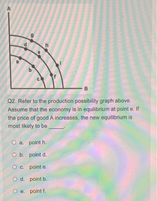 A
TO
d
b
C
BO
Q2. Refer to the production possibility graph above.
Assume that the economy is in equilibrium at point e. If
the price of good A increases, the new equilibrium is
most likely to be
O a. point h.
O b. point d.
O c.
pointe.
O d.
point b.
O e. point f.