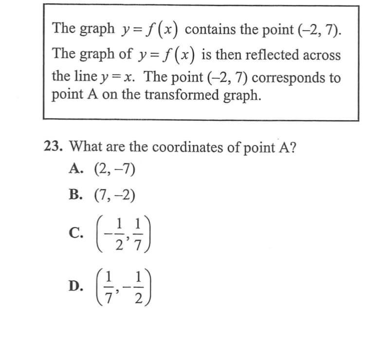 The graph y= f (x) contains the point (–2, 7).
The graph of y = f(x) is then reflected across
the line y = x. The point (–2, 7) corresponds to
point A on the transformed graph.
23. What are the coordinates of point A?
А. (2, —7)
В. (7, -2)
c. G)
С.
D.
2
