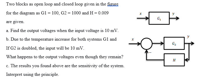 Two blocks as open loop and closed loop given in the figure
for the diagram as G1 = 100, G2 = 1000 and H = 0.009
are given.
a. Find the output voltages when the input voltage is 10 mV.
b. Due to the temperature increase for both systems Gl and
G2
If G2 is doubled, the input will be 10 mV.
What happens to the output voltages even though they remain?
H
c. The results you found above are the sensitivity of the system.
Interpret using the principle.
