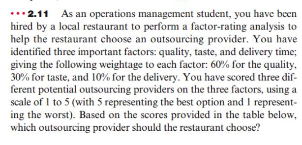 As an operations management student, you have been
hired by a local restaurant to perform a factor-rating analysis to
help the restaurant choose an outsourcing provider. You have
identified three important factors: quality, taste, and delivery time;
giving the following weightage to each factor: 60% for the quality,
30% for taste, and 10% for the delivery. You have scored three dif-
ferent potential outsourcing providers on the three factors, using a
scale of 1 to 5 (with 5 representing the best option and 1 represent-
ing the worst). Based on the scores provided in the table below,
which outsourcing provider should the restaurant choose?
