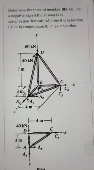 Determine the force of member BD. Include
a negative sign if the answer is in
compression. Indicate whether it is in tension
(T) or in compression (C) in your solution.
60 kN
D
40 kN
7 m
B
C
----
3 m
Ax
C,
A1A,
4 m
4 m-
40 kN
D
3 m
As
A
Plan
