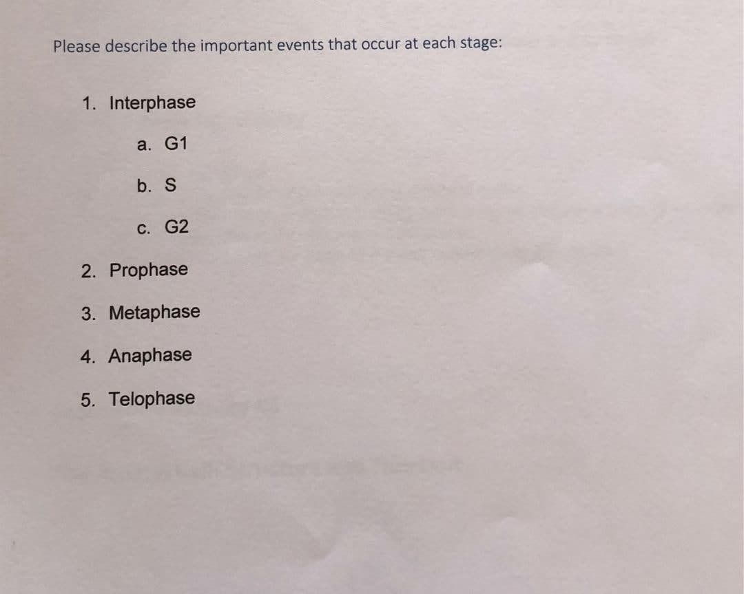 Please describe the important events that occur at each stage:
1. Interphase
a. G1
b. S
c. G2
2. Prophase
3. Metaphase
4. Anaphase
5. Telophase