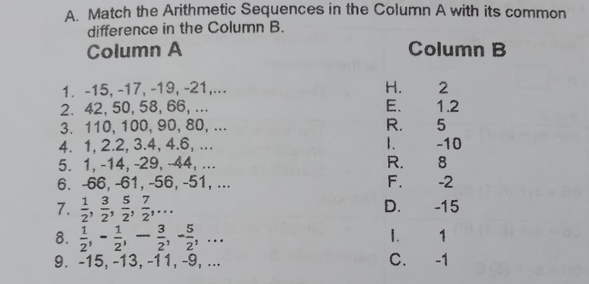 A Match the Arithmetic Sequences in the Column A with its common
difference in the Column B.
Column A
Column B
1. -15, -17, -19, -21,...
2. 42, 50, 58, 66, ...
H.
2
1.2
E.
3. 110, 100, 90, 80, .
4. 1, 2.2, 3.4, 4.6, ..
5. 1, -14, -29, -44, ..
6. -66, -61, -56, -51, ...
R.
1.
R.
F.
-10
8.
-2
7.
1 3
5 7
D.
-15
2' 2' 2' 2
3
1.
8.
2'
1.
-1
1.
2 2
9. -15, -13, -11, -9, ...
... --
C.
