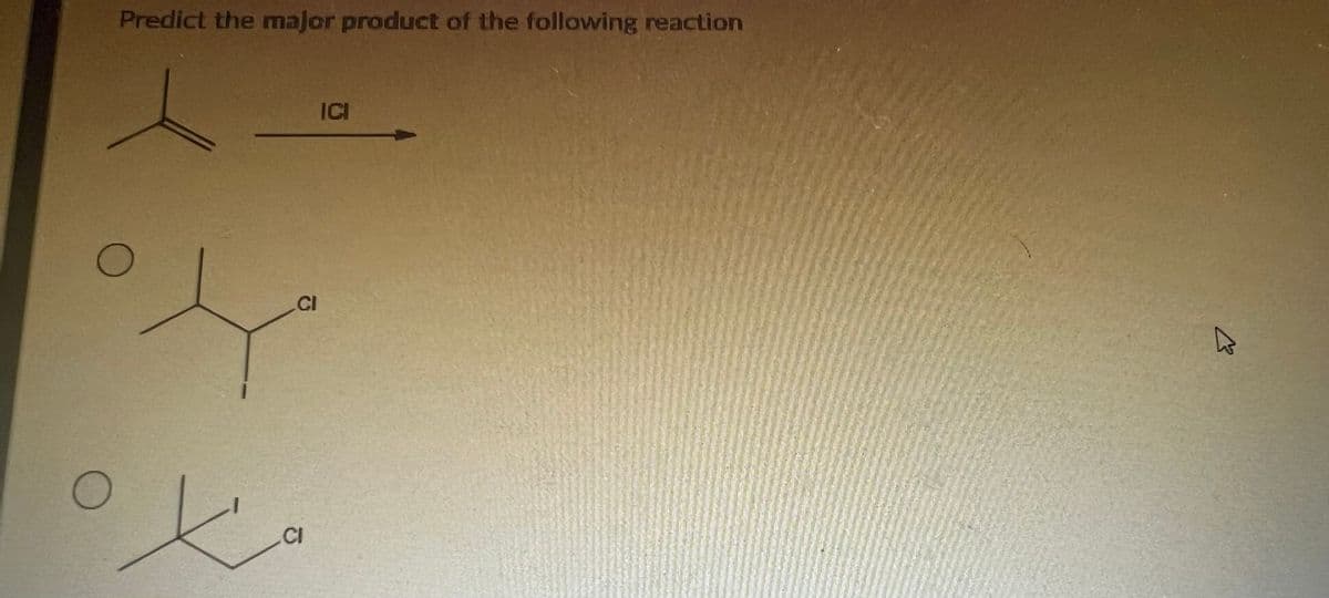 Predict the major product of the following reaction
ICI
O
Y
CI
CI
K