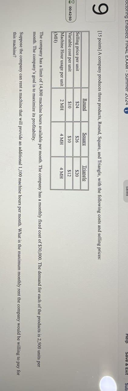 octoring Enabled. FINAL EXAM - Summer 2024
9
Saved
[15 points] A company produces three products, Round, Square, and Triangle, with the following costs and selling prices:
Round
Square
Triangle
Selling price per unit
$24
$26
$20
00:42:50 Variable cost per unit
$10
$10
$12
Machine Hour usage per unit
2 MH
4 MH
4 MH
(MH)
Help
Save & Exit
Sub
The company has a limit of 14,800 machine hours available per month. The company has a monthly fixed cost of $30,000. The demand for each of the products is 2,500 units per
month. The company's goal is to maximize its profitability.
Suppose the company can rent a machine that will provide an additional 1,100 machine hours per month. What is the maximum monthly rent the company would be willing to pay for
this machine?