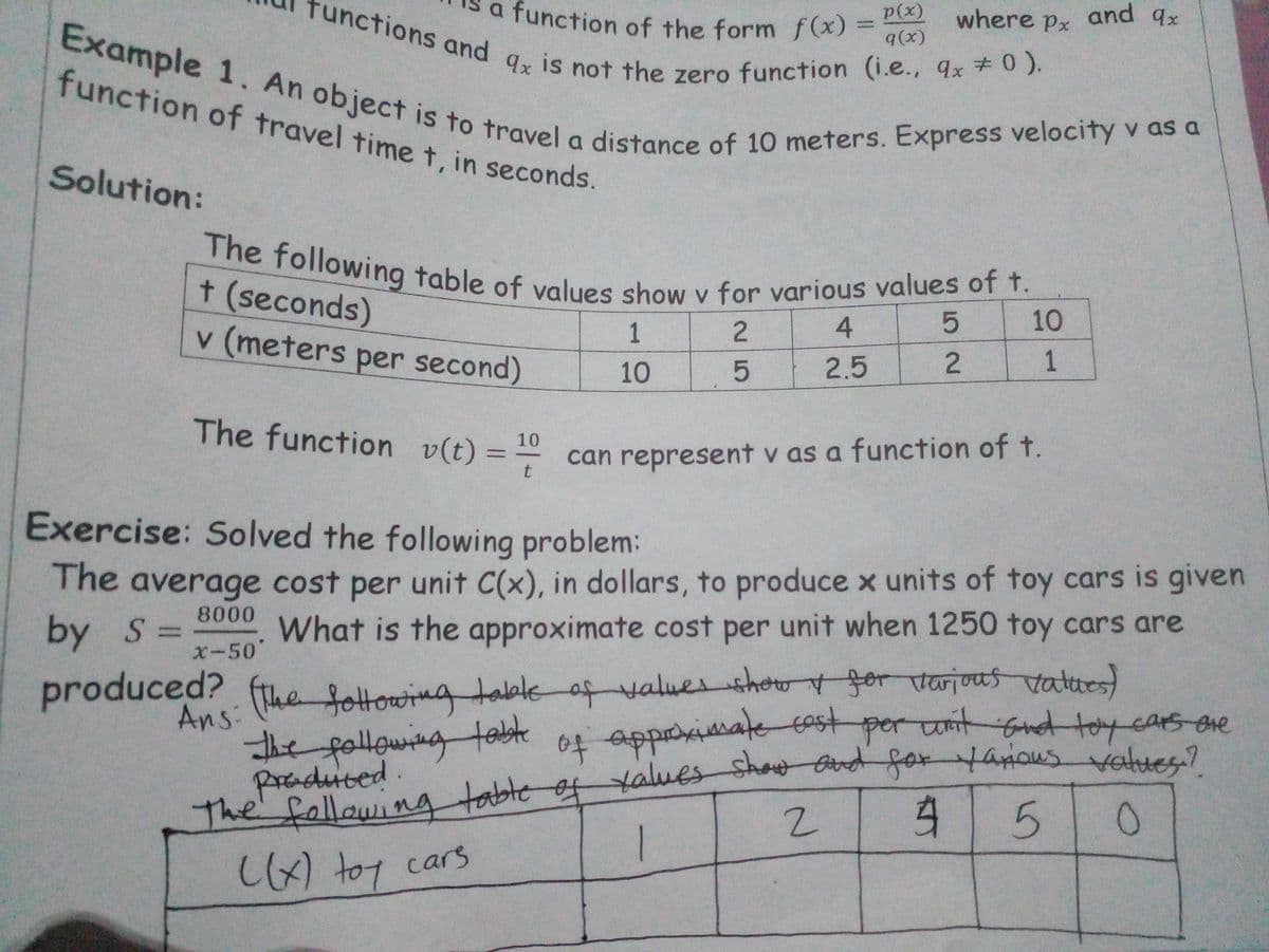 o7 approimatetast per oit
sa function of the form f (x) =
The following table of values show v for various values of t.
tunctions and qx is not the zero function (i.e., 9x 0).
Example 1. An object is to travel a distance of 10 meters. Express velocity v as a
a function of the form f (x) =
p(x)
where px and qx
9(x)
function of travel time t, in seconds.
Solution:
t (seconds)
v (meters per second)
1
4
10
10
2.5
The function v(t) =
10
can represent v as a function of t.
t
Exercise: Solved the following problem:
The average cost per unit C(x), in dollars, to produce x units of toy cars is given
8000
by S =
What is the approximate cost per unit when 1250 toy cars are
x-50'
produced? (the
fottowingtable af valuesshoo for tarjous vatued
Ans:
the following tate
Praduted.
The
ot apprvimate tast per nit Gt toy cars-are
Lalues showOtrd for ous vahues.?
fellowing tablte
(x) toy cars
1
1.
52
25
-
