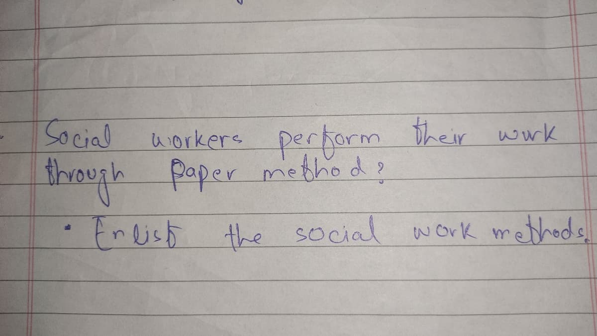 Social
Through Paper metho d?
Enlist the social
ü orkers perform their wwk
work methods
