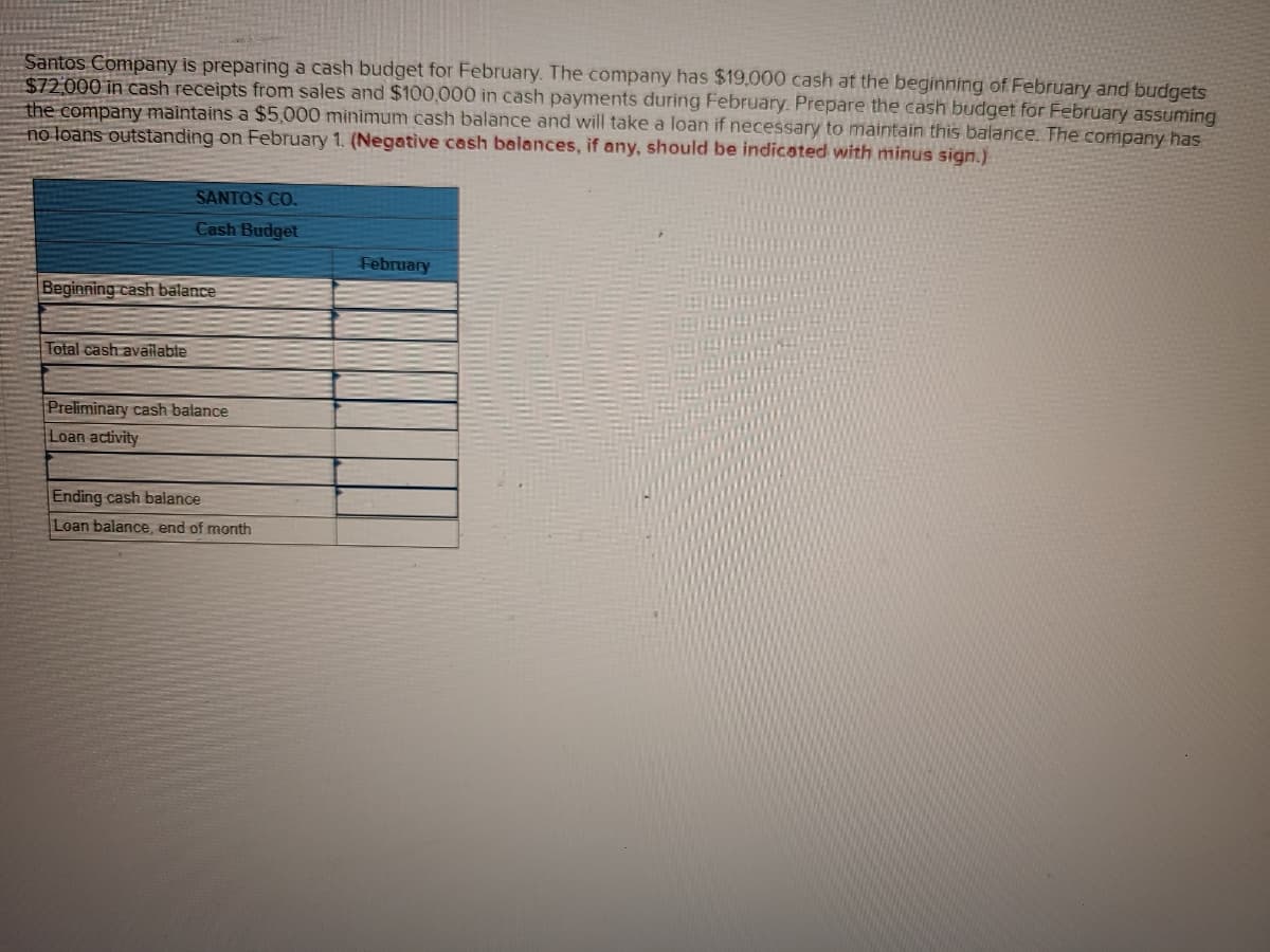 Santos Company is preparing a cash budget for February. The company has $19,000 cash at the beginning of February and budgets
$72 000 in cash receipts from sales and $100,000 in cash payments during February. Prepare the cash budget for February assuming
the company maintains a $5,000 minimum cash balance and will take a loan if necessary to maintain this balance. The company has
no loans outstanding on February 1. (Negative cash balances, if any, should be indicated with minus sign.)
SANTOS CO.
Cash Budget
February
Beginning cash balance
Total cash available
Preliminary cash balance
Loan activity
Ending cash balance
Loan balance, end of month
