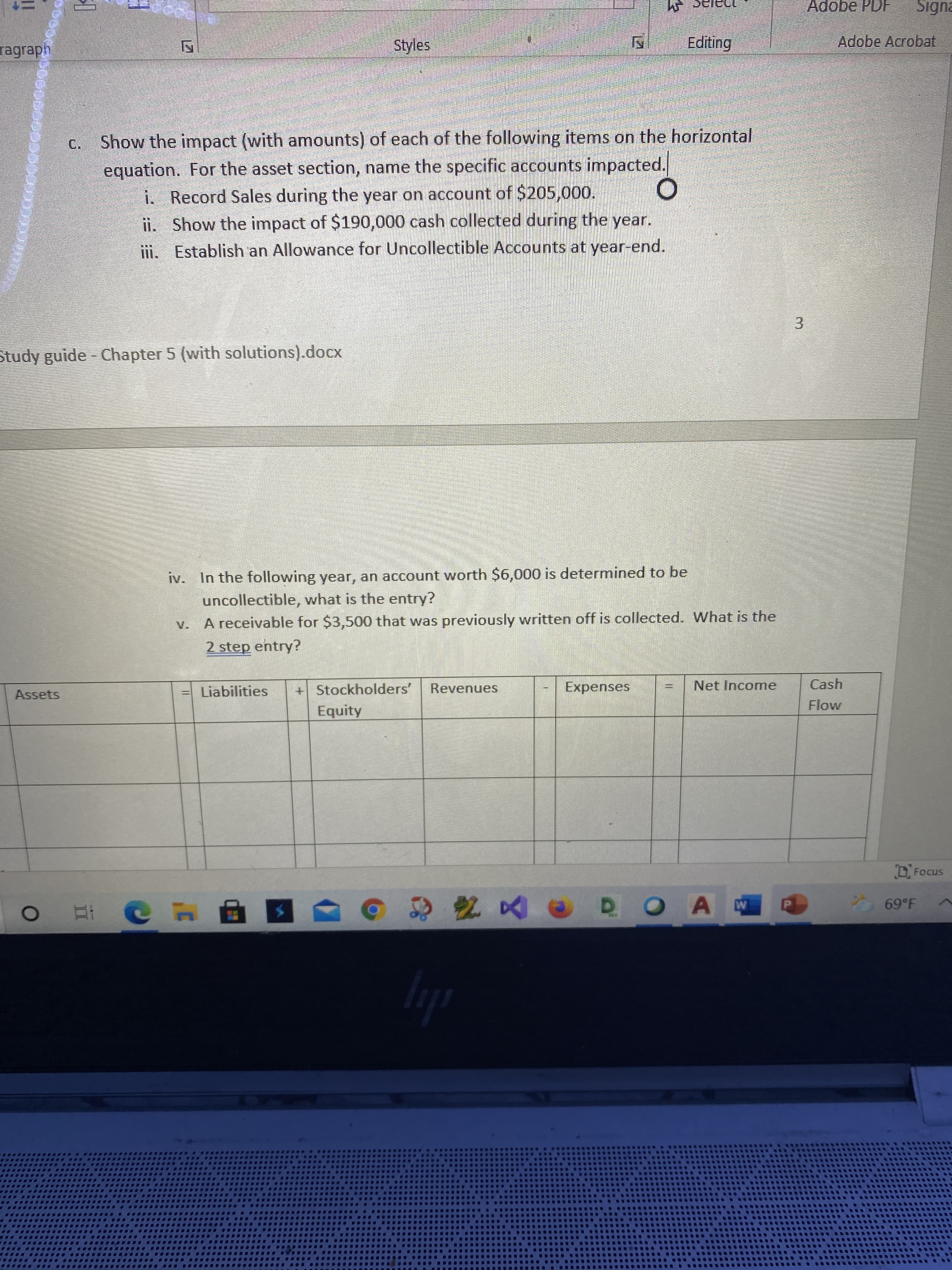 3.
Adobe PDF
Signa
ragraph
Styles
Editing
Adobe Acrobat
c. Show the impact (with amounts) of each of the following items on the horizontal
equation. For the asset section, name the specific accounts impacted.
Record Sales during the year on account of $205,000.
ii. Show the impact of $190,000 cash collected during the year.
!!
ii. Establish an Allowance for Uncollectible Accounts at year-end.
Study guide - Chapter 5 (with solutions).docx
iv. In the following year, an account worth $6,000 is determined to be
uncollectible, what is the entry?
v. A receivable for $3,500 that was previously written off is collected. What is the
2 step entry?
Assets
Liabilities
+Stockholders'
Revenues
Expenses
Net Income
Cash
Equity
D Focus
