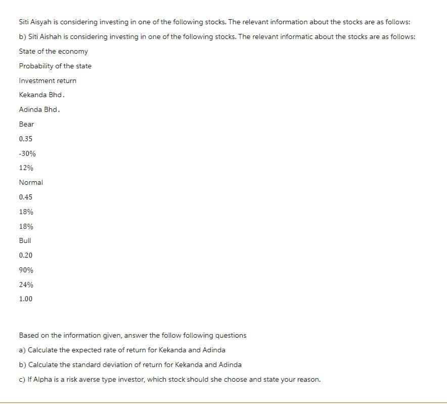 Siti Aisyah is considering investing in one of the following stocks. The relevant information about the stocks are as follows:
b) Siti Aishah is considering investing in one of the following stocks. The relevant informatic about the stocks are as follows:
State of the economy
Probability of the state
Investment return
Kekanda Bhd.
Adinda Bhd.
Bear
0.35
-30%
12%
Normal
0.45
18%
18%
Bull
0.20
90%
24%
1.00
Based on the information given, answer the follow following questions
a) Calculate the expected rate of return for Kekanda and Adinda
b) Calculate the standard deviation of return for Kekanda and Adinda
c) If Alpha is a risk averse type investor, which stock should she choose and state your reason.
