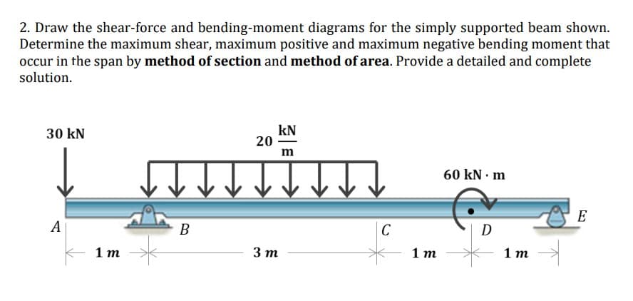 2. Draw the shear-force and bending-moment diagrams for the simply supported beam shown.
Determine the maximum shear, maximum positive and maximum negative bending moment that
occur in the span by method of section and method of area. Provide a detailed and complete
solution.
30 kN
KN
20
muiiim
60 kN. m
E
A
B
C
D
3 m
1 m
1 m
1 m