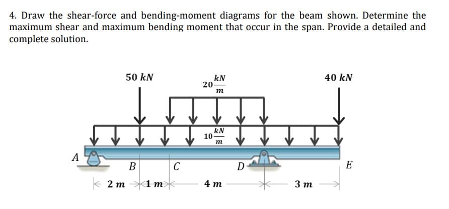 4. Draw the shear-force and bending-moment diagrams for the beam shown. Determine the
maximum shear and maximum bending moment that occur in the span. Provide a detailed and
complete solution.
50 kN
40 kN
kN
20-
m
kN
m
A
E
B
2m →→→<1m
4m
C
10
D
3m