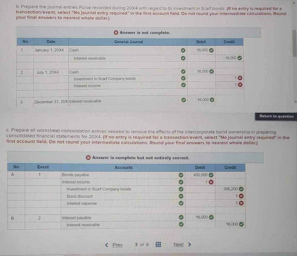 b. Prepare the journal entries Purse recorded during 20X4 with regard to its investment in Scarf bonds. (If no entry is required for a
transaction/event, select "No journal entry required" in the first account field. Do not round your intermediate calculations. Round
your final answers to nearest whole dollar.)
No
A
B
No
1
2
3
Date
January 1, 20X4
July 1, 20X4
Cash
Event
1
Interest receivable
2
Cash
December 31, 20X Interest receivable
Investment in Scarf Company bonds
Interest income
Bonds payable
Interest income
Answer is not complete.
General Journal
Interest payable
Investment in Scarf Company bonds
Bond discount
Interest expense
Interest receivable
3 3
c. Prepare all worksheet consolidation entries needed to remove the effects of the intercorporate bond ownership in preparing
consolidated financial statements for 20X4. (If no entry is required for a transaction/event, select "No journal entry required" in the
first account field. Do not round your intermediate calculations. Round your final answers to nearest whole dollar.)
Answer is complete but not entirely correct.
Accounts
< Prev
✓
3 of 6 ⠀
>
0 0 0 0 0
→
→
Debit
Next >
16,000✔
16,000
16,000
Debit
400,000✔
Ⓡ
Credit
16,000✔
16,000
1 x
Credit
395,200✔
1 x
1 x
Return to question
16,000✔