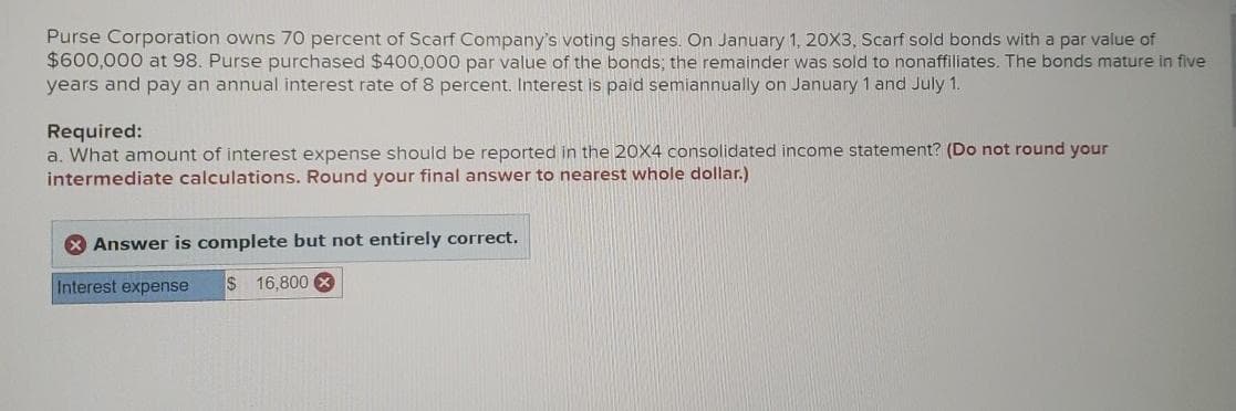 Purse Corporation owns 70 percent of Scarf Company's voting shares. On January 1, 20X3, Scarf sold bonds with a par value of
$600,000 at 98. Purse purchased $400,000 par value of the bonds; the remainder was sold to nonaffiliates. The bonds mature in five
years and pay an annual interest rate of 8 percent. Interest is paid semiannually on January 1 and July 1.
Required:
a. What amount of interest expense should be reported in the 20X4 consolidated income statement? (Do not round your
intermediate calculations. Round your final answer to nearest whole dollar.)
Answer is complete but not entirely correct.
Interest expense $ 16,800 x