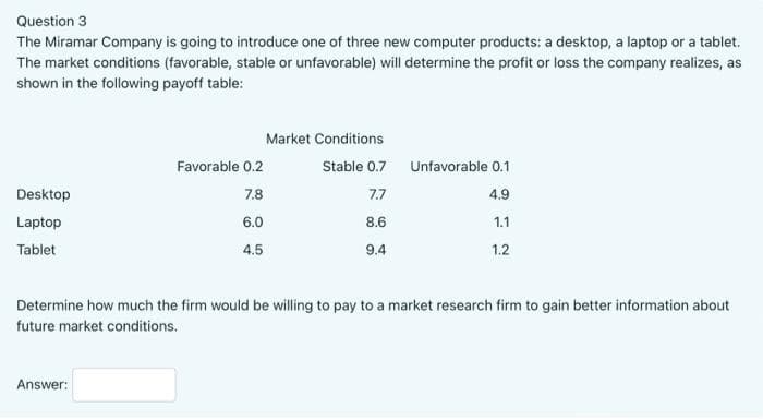 Question 3
The Miramar Company is going to introduce one of three new computer products: a desktop, a laptop or a tablet.
The market conditions (favorable, stable or unfavorable) will determine the profit or loss the company realizes, as
shown in the following payoff table:
Desktop
Laptop
Tablet
Favorable 0.2
7.8
6.0
4.5
Answer:
Market Conditions
Stable 0.7 Unfavorable 0.1
7.7
4.9
8.6
1.1
9.4
1.2
Determine how much the firm would be willing to pay to a market research firm to gain better information about
future market conditions.