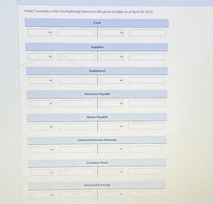 Using T-accounts, enter the beginning balances in the general ledger as of April 30, 2025.
Cash
Supplies
Equipment
Accounts Payable
Notes Payable
Unearned Service Revenue
Common Stock
Retained Earnings
U