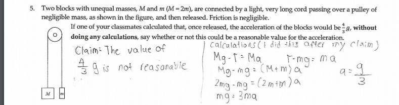 5. Two blocks with unequal masses, M and m (M = 2m), are connected by a light, very long cord passing over a pulley of
negligible mass, as shown in the figure, and then released. Friction is negligible.
If one of your classmates calculated that, once released, the acceleration of the blocks would be g, without
doing any calculations, say whether or not this could be a reasonable value for the acceleration.
Claim: The va lue of
caiculations (I did this after ry claim)
Mg -t - Ma
Mg- ing : (M+m)a
2mg - mg = (2m+m)a
mg: 3ma
3g is not reasonable
-mg: ma
'
9:9
%3D
M
