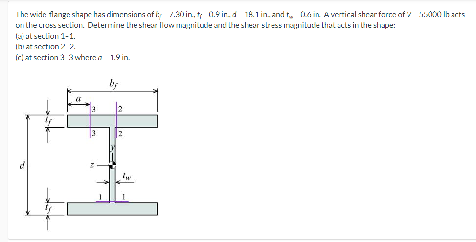 The wide-flange shape has dimensions of b; = 7.30 in., t = 0.9 in., d = 18.1 in., and tw = 0.6 in. A vertical shear force of V= 55000 lb acts
on the cross section. Determine the shear flow magnitude and the shear stress magnitude that acts in the shape:
(a) at section 1-1.
(b) at section 2-2.
(c) at section 3-3 where a = 1.9 in.
a
2
3
d
tw
1
1
