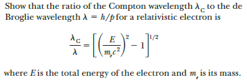 Show that the ratio of the Compton wavelength A, to the de
Broglie wavelength A = h/pfor a relativistic electron is
where Eis the total energy of the electron and m is its mass.
