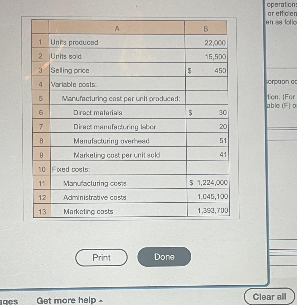 ages
Units produced
Units sold
3
Selling price
4 Variable costs:
5
6
7
8
9
10
11
12
13
1
2
Manufacturing cost per unit produced:
Direct materials
Direct manufacturing labor
Manufacturing overhead
Marketing cost per unit sold
Fixed costs:
A
Manufacturing costs
Administrative costs
Marketing costs
Print
Get more help -
A
Done
$
$
B
22,000
15,500
450
30
20
51
41
$ 1,224,000
1,045,100
1,393,700
operations
or efficien
en as follo
sorption cc
tion. (For
able (F) or
Clear all