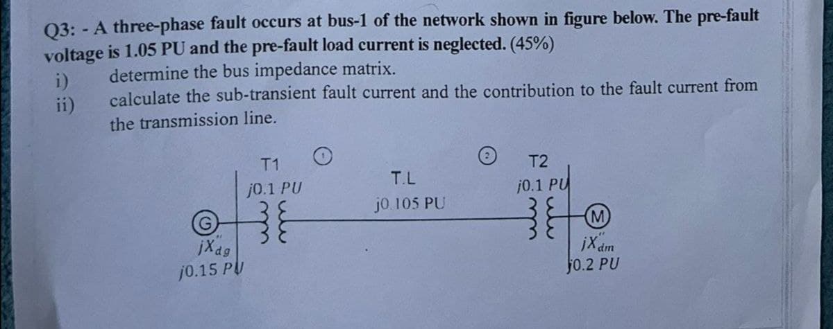 Q3: - A three-phase fault occurs at bus-1 of the network shown in figure below. The pre-fault
voltage is 1.05 PU and the pre-fault load current is neglected. (45%)
i)
determine the bus impedance matrix.
ii)
calculate the sub-transient fault current and the contribution to the fault current from
the transmission line.
T1
T2
T.L
j0.1 PU
10.1 PU
j0.105 PU
G
jXdg
j0.15 PU
M
jXdm
$0.2 PU