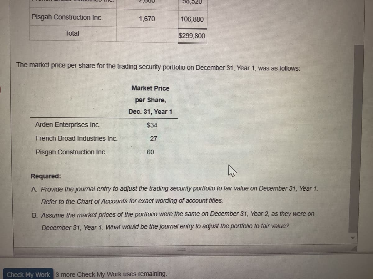 Pisgah Construction Inc.
Total
1,670
Arden Enterprises Inc.
French Broad Industries Inc.
Pisgah Construction Inc.
Market Price
per Share,
Dec. 31, Year 1
$34
27
The market price per share for the trading security portfolio on December 31, Year 1, was as follows:
60
58,520
106,880
$299,800
Check My Work 3 more Check My Work uses remaining.
Required:
A. Provide the journal entry to adjust the trading security portfolio to fair value on December 31, Year 1.
Refer to the Chart of Accounts for exact wording of account titles.
B. Assume the market prices of the portfolio were the same on December 31, Year 2, as they were on
December 31, Year 1. What would be the journal entry to adjust the portfolio to fair value?