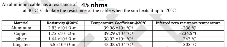 An aluminum cable has a resistance of_ 45 ohms
at 30°C. Calculate the resistance of the cable when the sun heats it up to 70°C.
Resistivity @20°C_
2.83 x10-8 N-m
Temperature Coefficient @20°C
39.06 x10-4 °C-1
Inferred zero resistance temperature
-236 °C
Material
Aluminum
Copper
silver
1.72 x10-8 N-m
39.29 x10-4 °C-1
-234.5 °C
1.64 x10-8 N-m
38.02 x10-4 °C-1
-243 °C
tungsten
5.5 x10-8 N-m
45.05 x10-4 °C-1
-202 °C
