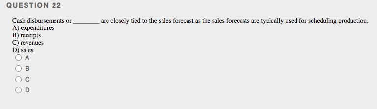 QUESTION 22
Cash disbursements or
are closely tied to the sales forecast as the sales forecasts are typically used for scheduling production.
A) expenditures
B) receipts
C) revenues
D) sales
A
